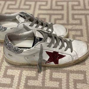 White Golden Goose Super Star with silver glitter back & red glitter stars.